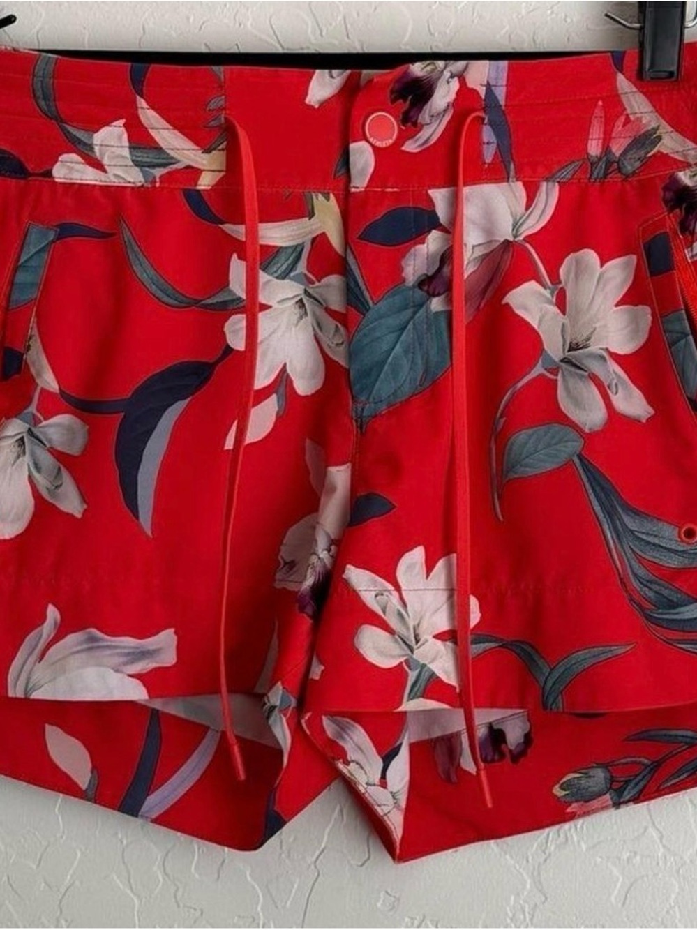 Athleta Red Floral High-Waist Drawstring Shorts